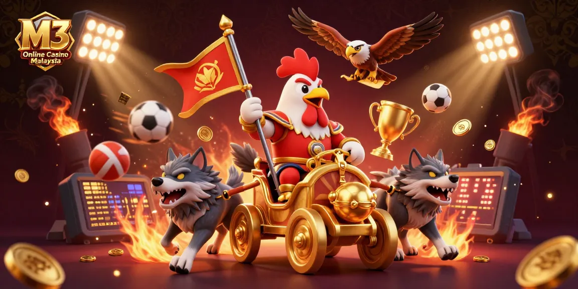 M3 Online Casino Malaysia showcases a dynamic scene of a rooster warlord in a golden chariot with sports excitement.