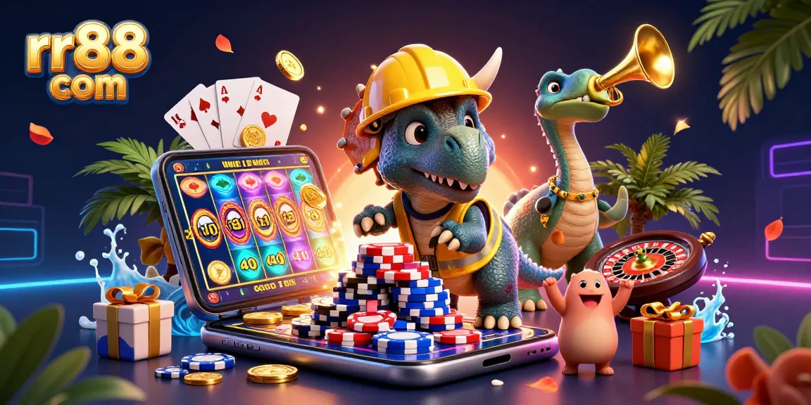 Engage with rr88 com at a vibrant 3D casino, showcasing thrilling slots and poker action!