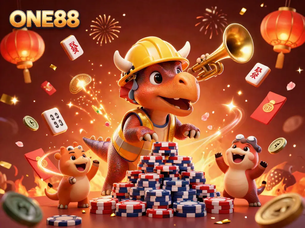 Join the excitement at ONE88 with triumphant dinosaur characters celebrating a poker wins!