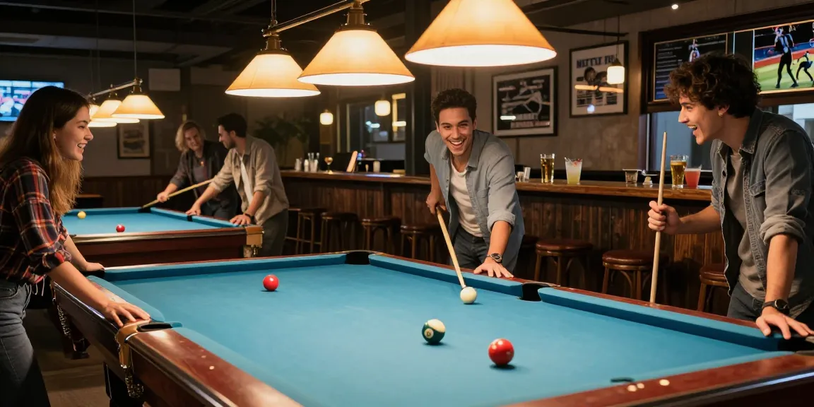 Billiards Mississauga friends playing pool in an inviting lounge with craft drinks and vibrant lighting.